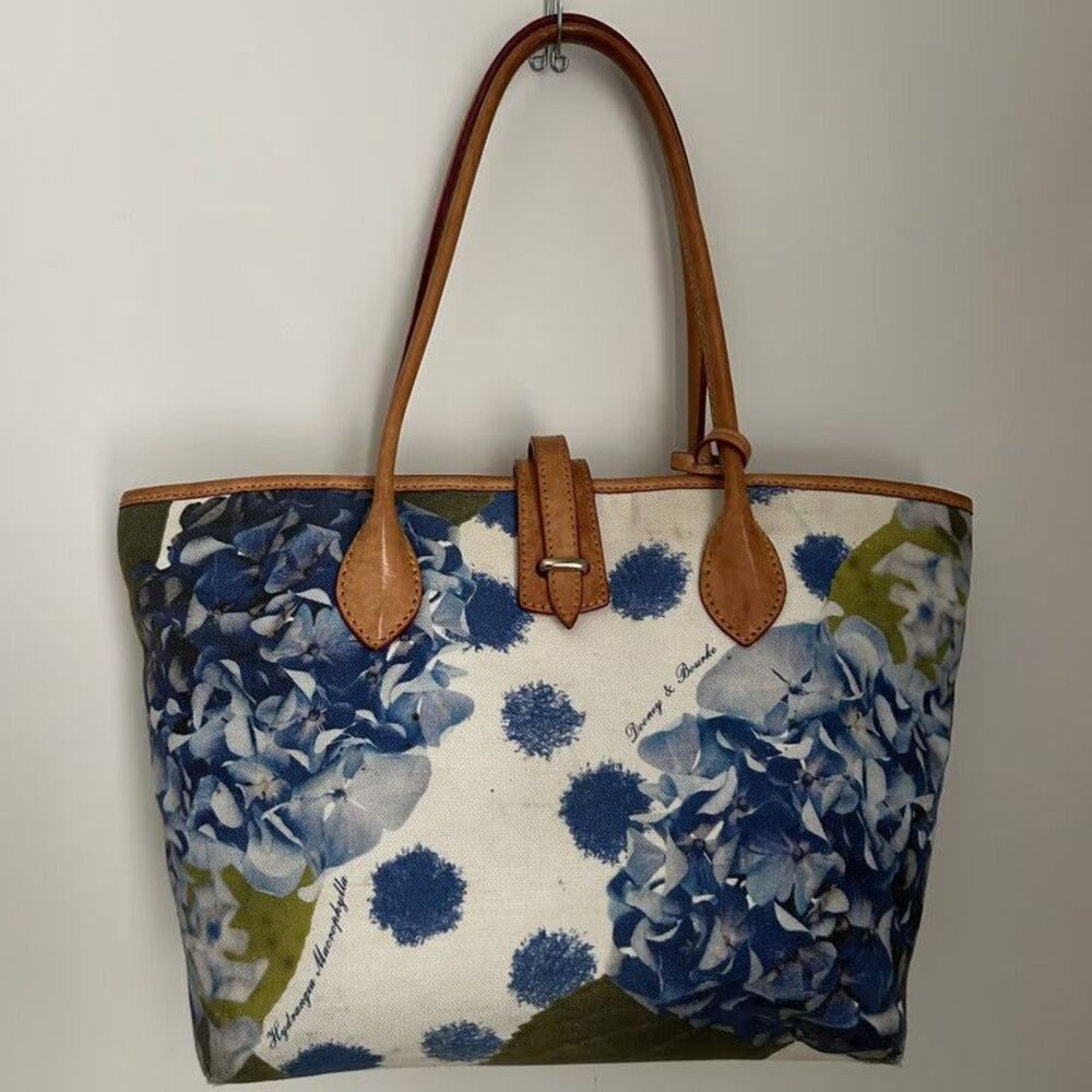 Dooney & Bourke Hydrangea Floral Tote Bag Blue Polka Dot Canvas Leather Shoulder